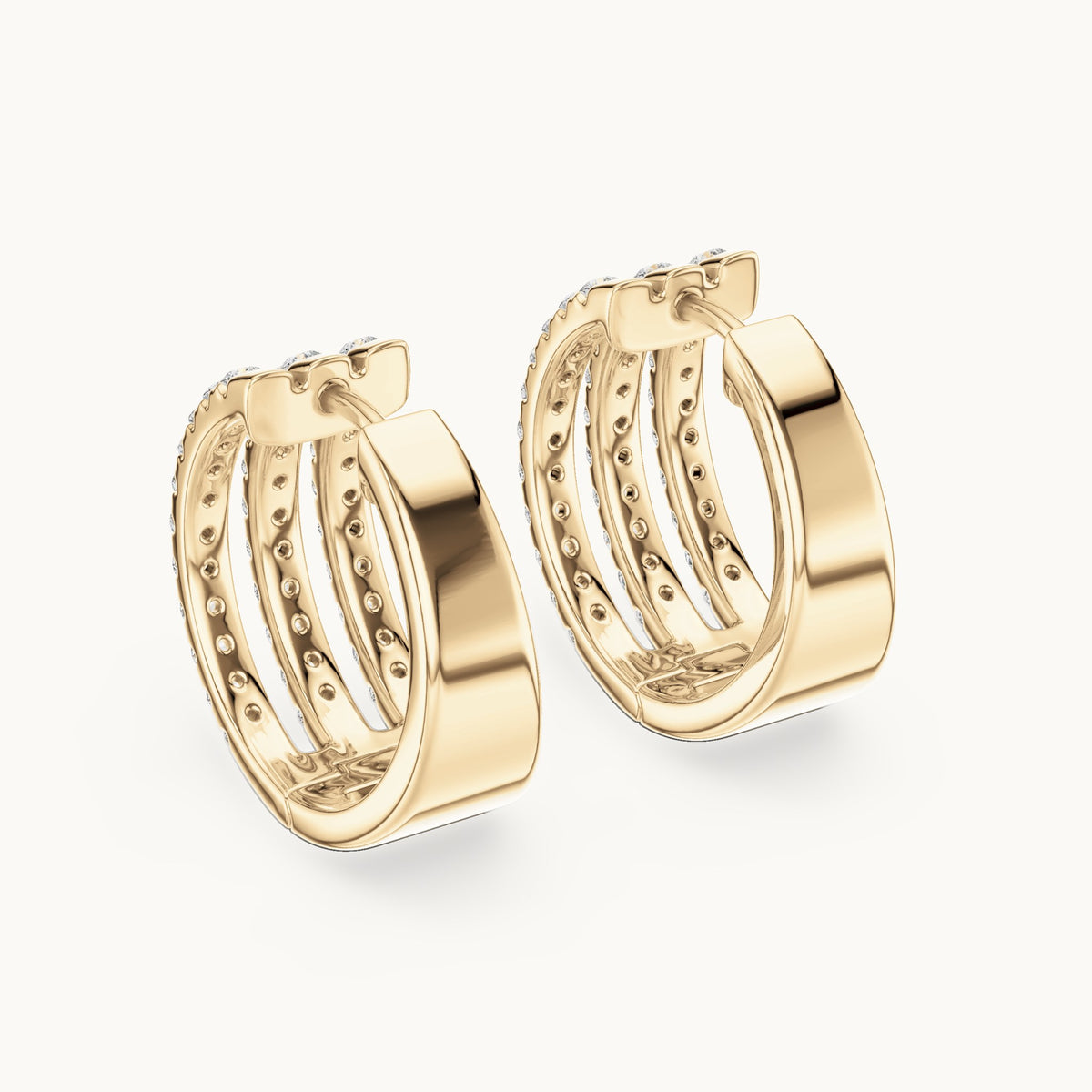 Round lab-grown diamond three-row pavé hoop earrings in yellow gold, 1.98 CT TW, view 3