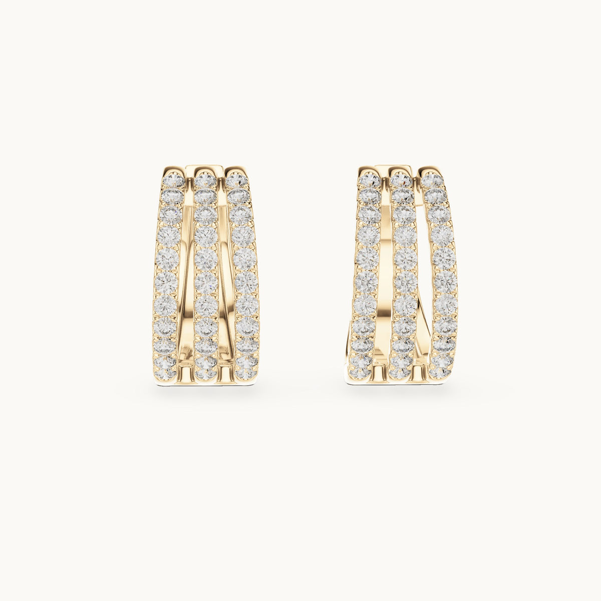 Round lab-grown diamond three-row pavé hoop earrings in yellow gold, 1.98 CT TW, view 4
