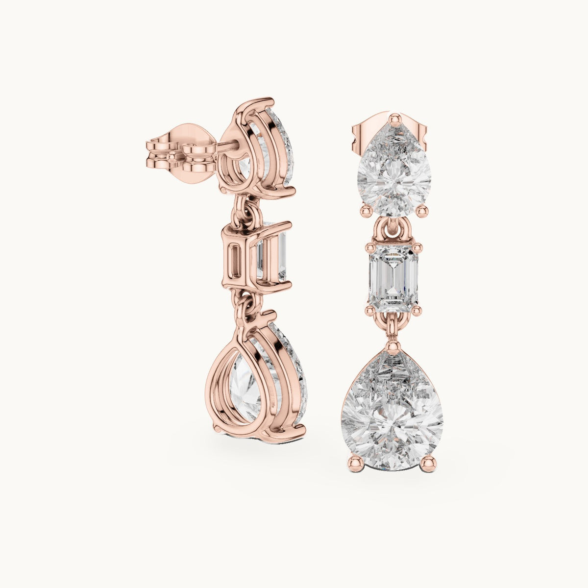 Pear and emerald-cut lab-grown diamond mixed-cut drop earrings in rose gold, 5.60 CT TW, view 1