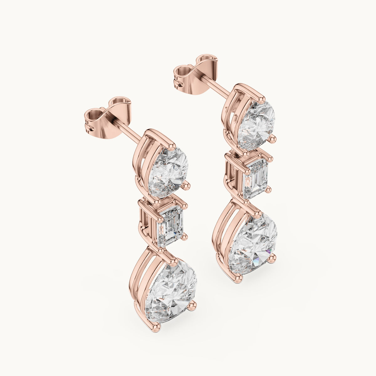 Pear and emerald-cut lab-grown diamond mixed-cut drop earrings in rose gold, 5.60 CT TW, view 2
