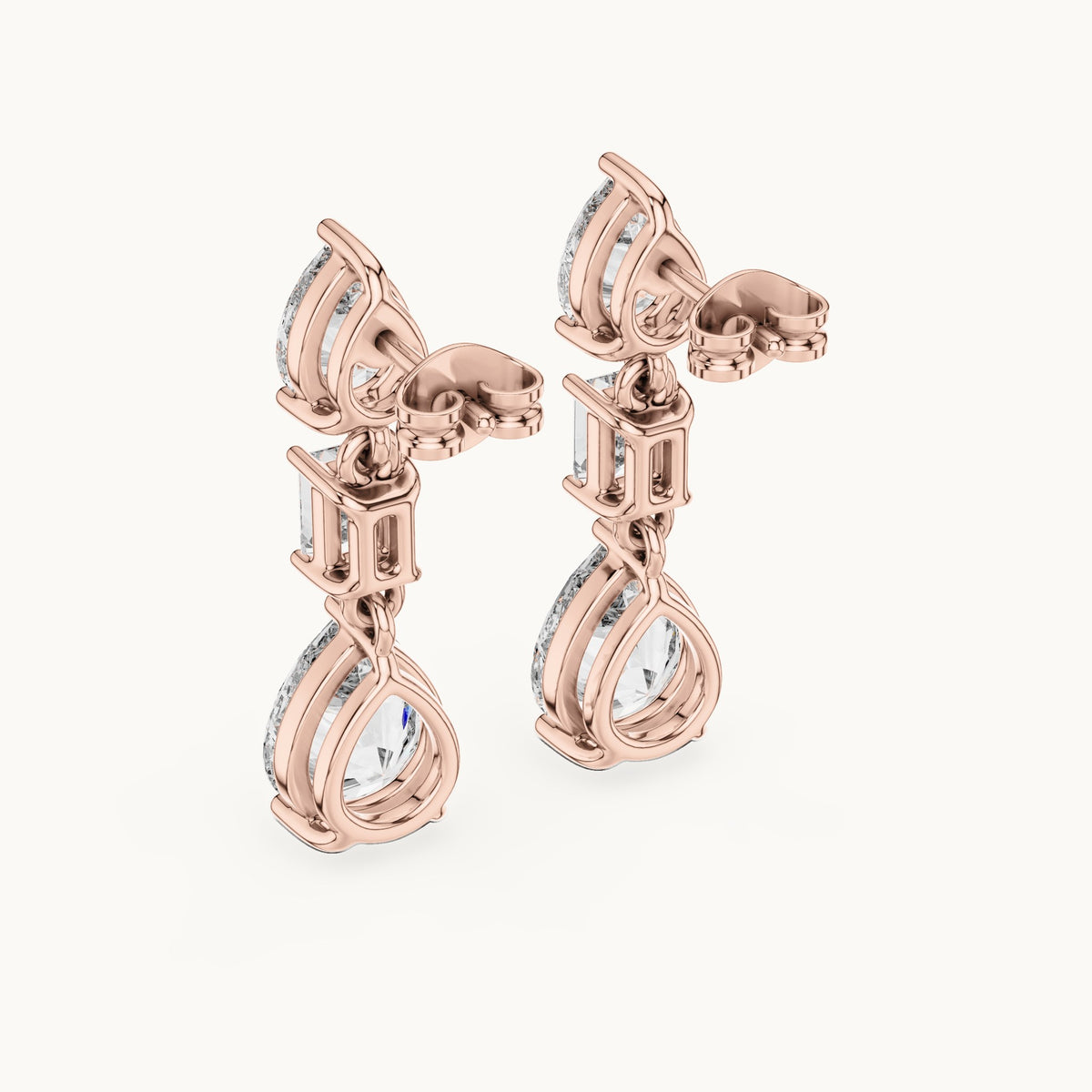Pear and emerald-cut lab-grown diamond mixed-cut drop earrings in rose gold, 5.60 CT TW, view 3