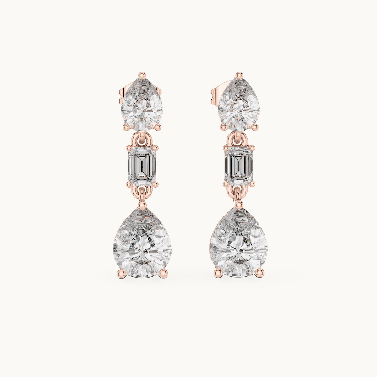 Pear and emerald-cut lab-grown diamond mixed-cut drop earrings in rose gold, 5.60 CT TW, view 4