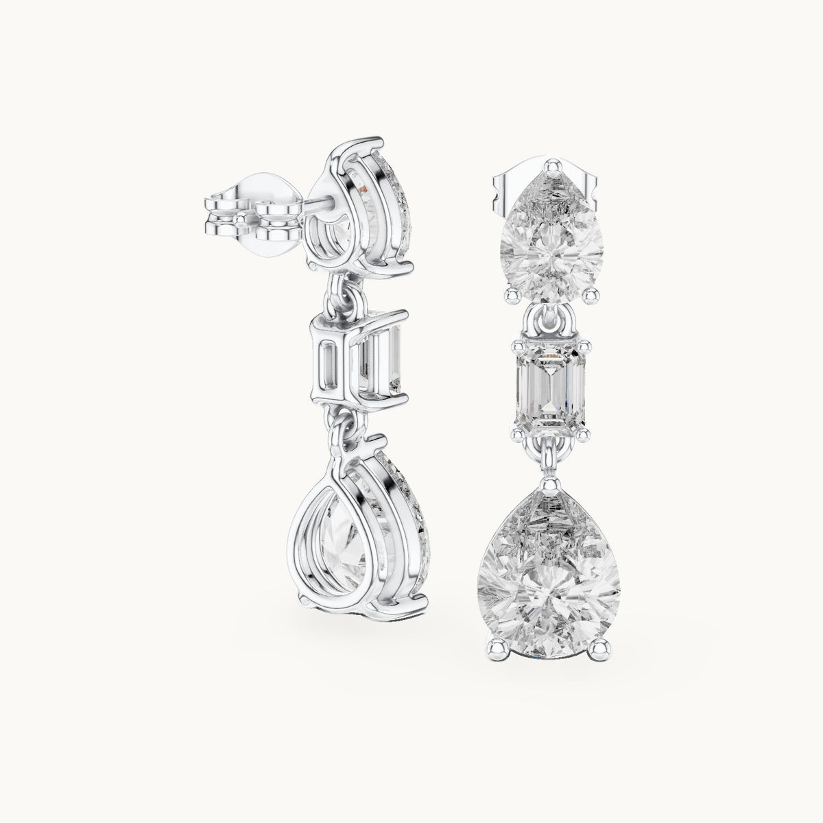 Pear and emerald-cut lab-grown diamond mixed-cut drop earrings in white gold, 5.60 CT TW, view 1