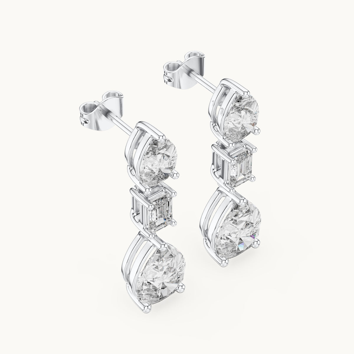 Pear and emerald-cut lab-grown diamond mixed-cut drop earrings in white gold, 5.60 CT TW, view 2