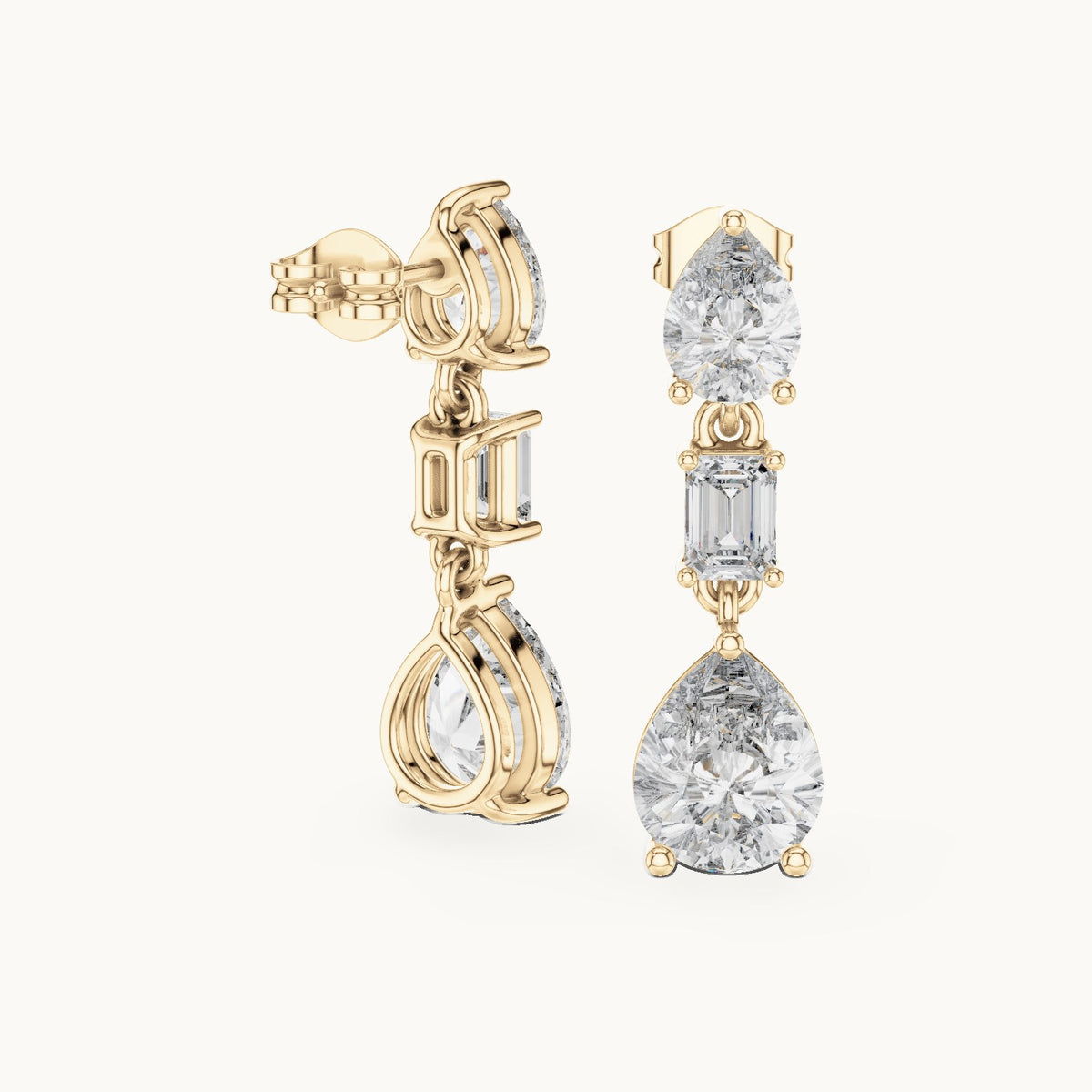 Pear and emerald-cut lab-grown diamond mixed-cut drop earrings in yellow gold, 5.60 CT TW, view 1