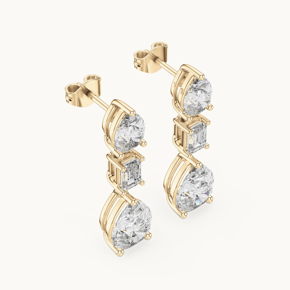Pear and emerald-cut lab-grown diamond mixed-cut drop earrings in yellow gold, 5.60 CT TW, view 2