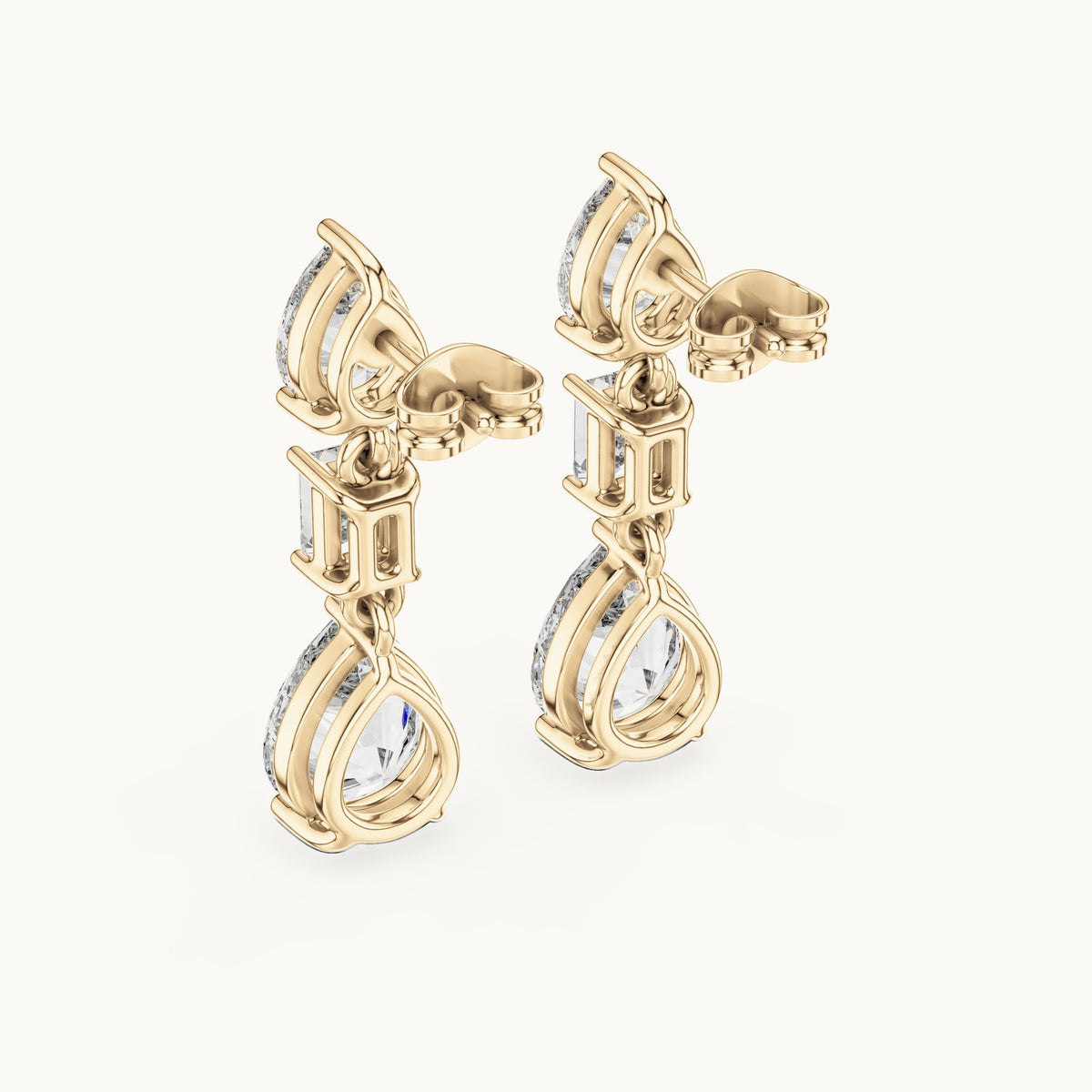 Pear and emerald-cut lab-grown diamond mixed-cut drop earrings in yellow gold, 5.60 CT TW, view 3