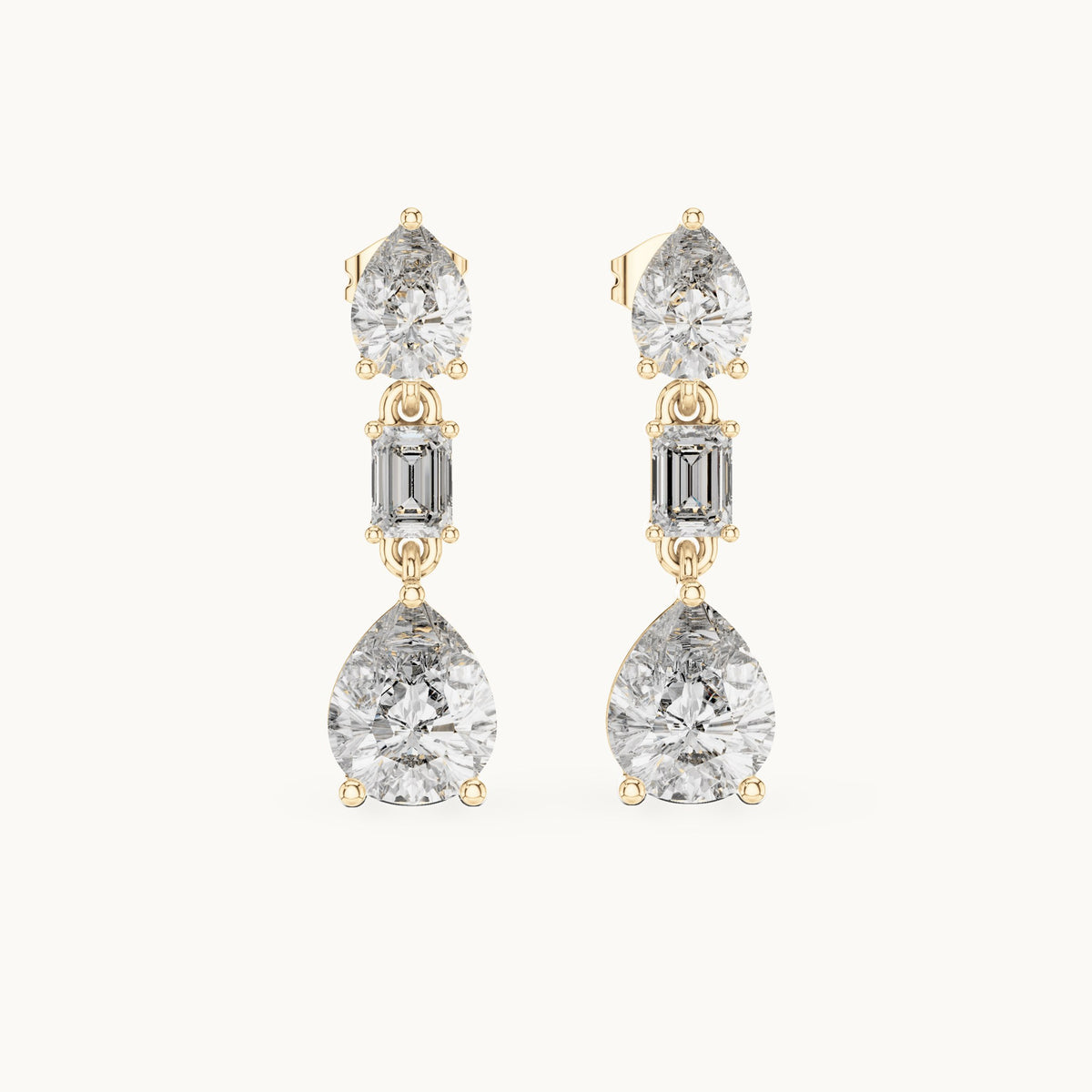 Pear and emerald-cut lab-grown diamond mixed-cut drop earrings in yellow gold, 5.60 CT TW, view 4