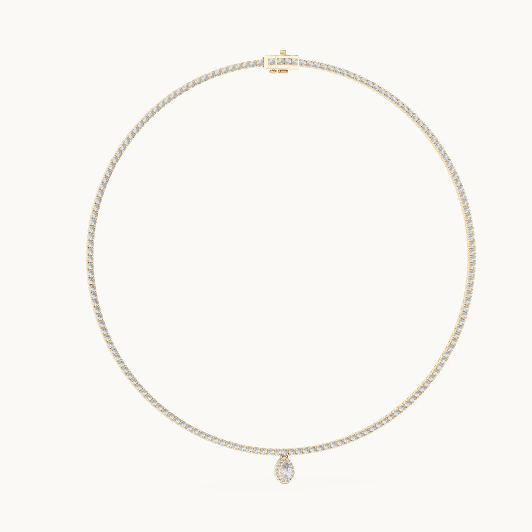 Round and pear lab-grown diamond tennis necklace with pear drop in yellow gold, 4.53 CT TW, view 1