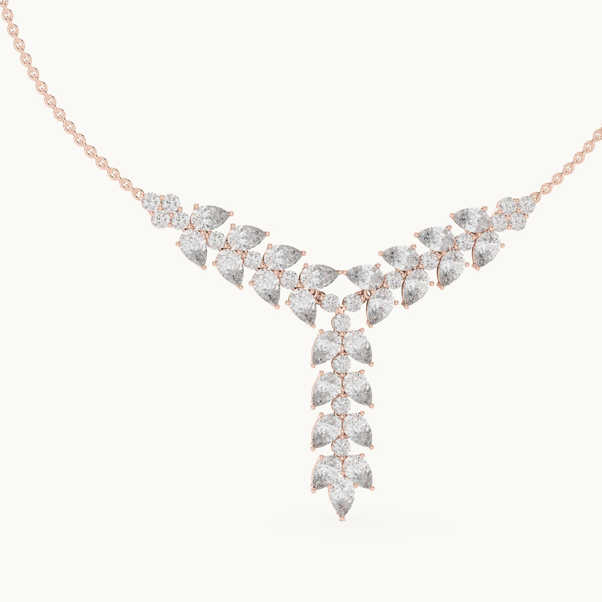 Pear and round lab-grown diamond y necklace in rose gold, 14.028 CT TW, view 1