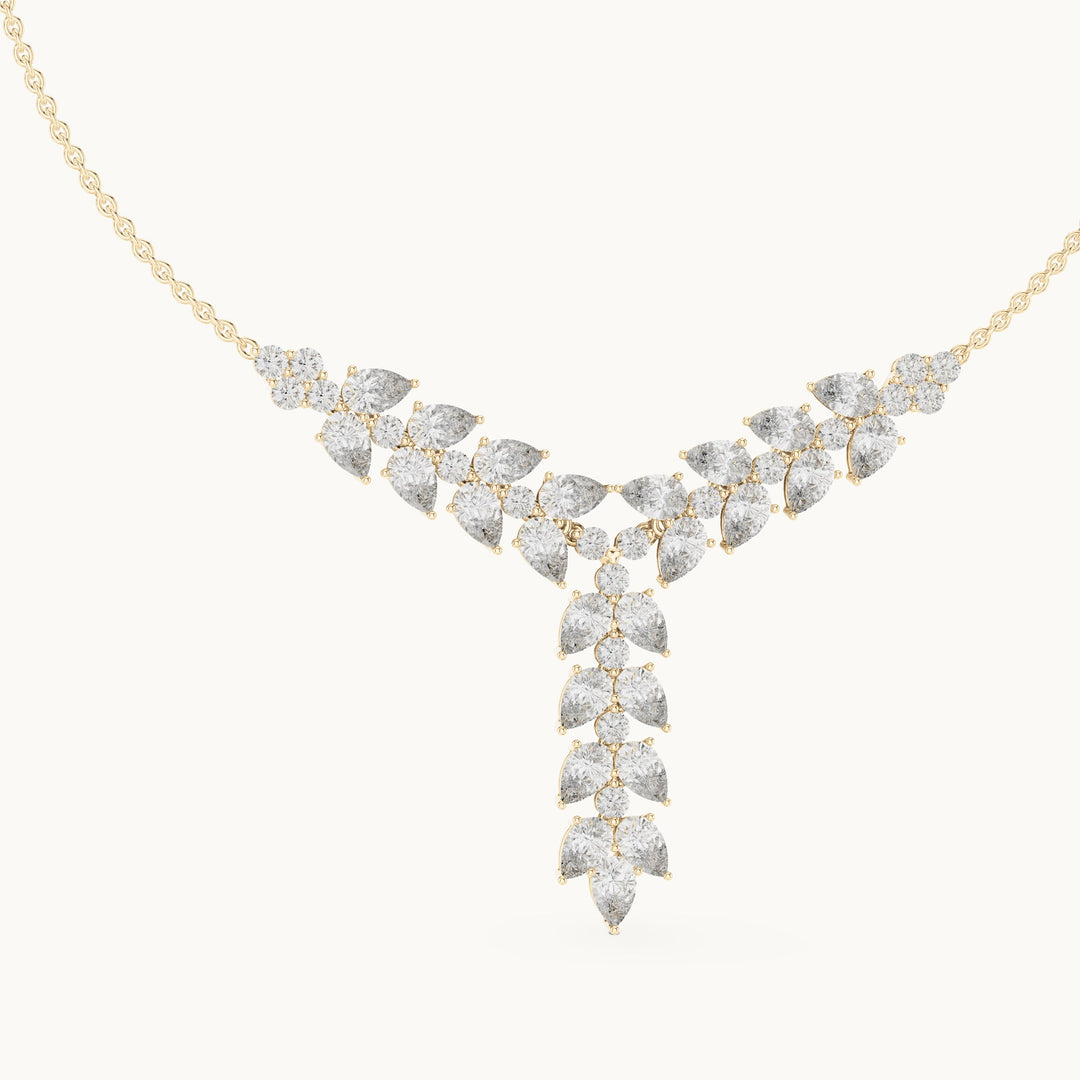 Pear and round lab-grown diamond y necklace in yellow gold, 14.028 CT TW, view 1