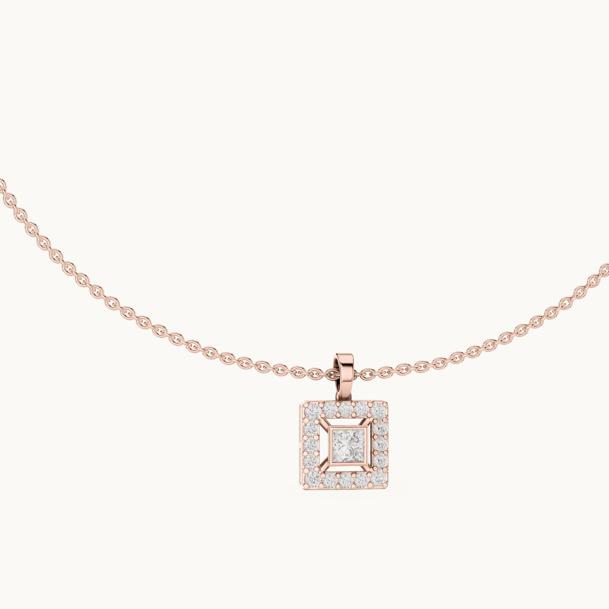 Round and princess-cut lab-grown diamond square halo pendant in rose gold, 1.64 CT TW, view 1