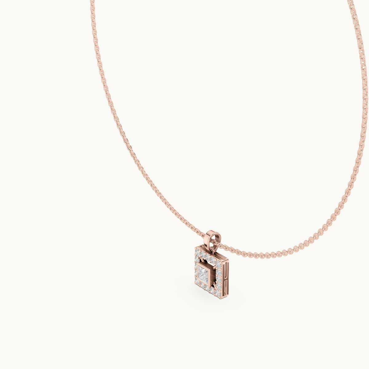 Round and princess-cut lab-grown diamond square halo pendant in rose gold, 1.64 CT TW, view 2