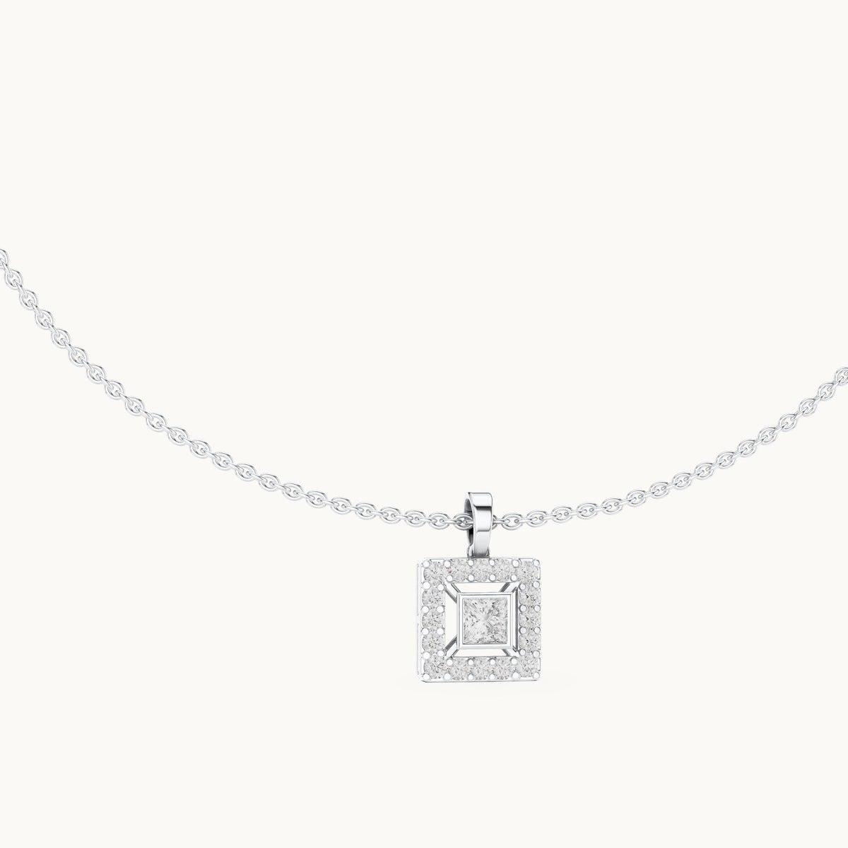 Round and princess-cut lab-grown diamond square halo pendant in white gold, 1.64 CT TW, view 1