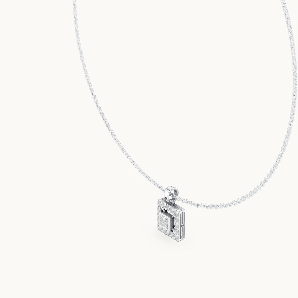 Round and princess-cut lab-grown diamond square halo pendant in white gold, 1.64 CT TW, view 2