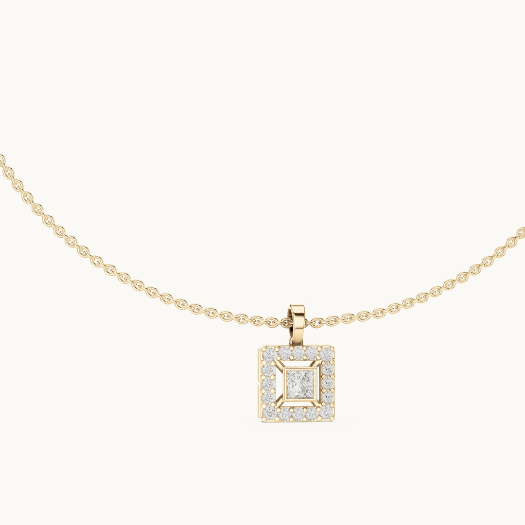 Round and princess-cut lab-grown diamond square halo pendant in yellow gold, 1.64 CT TW, view 1