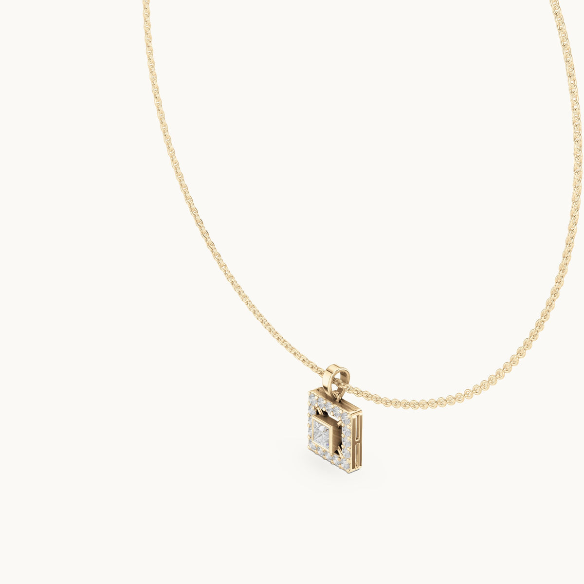 Round and princess-cut lab-grown diamond square halo pendant in yellow gold, 1.64 CT TW, view 2