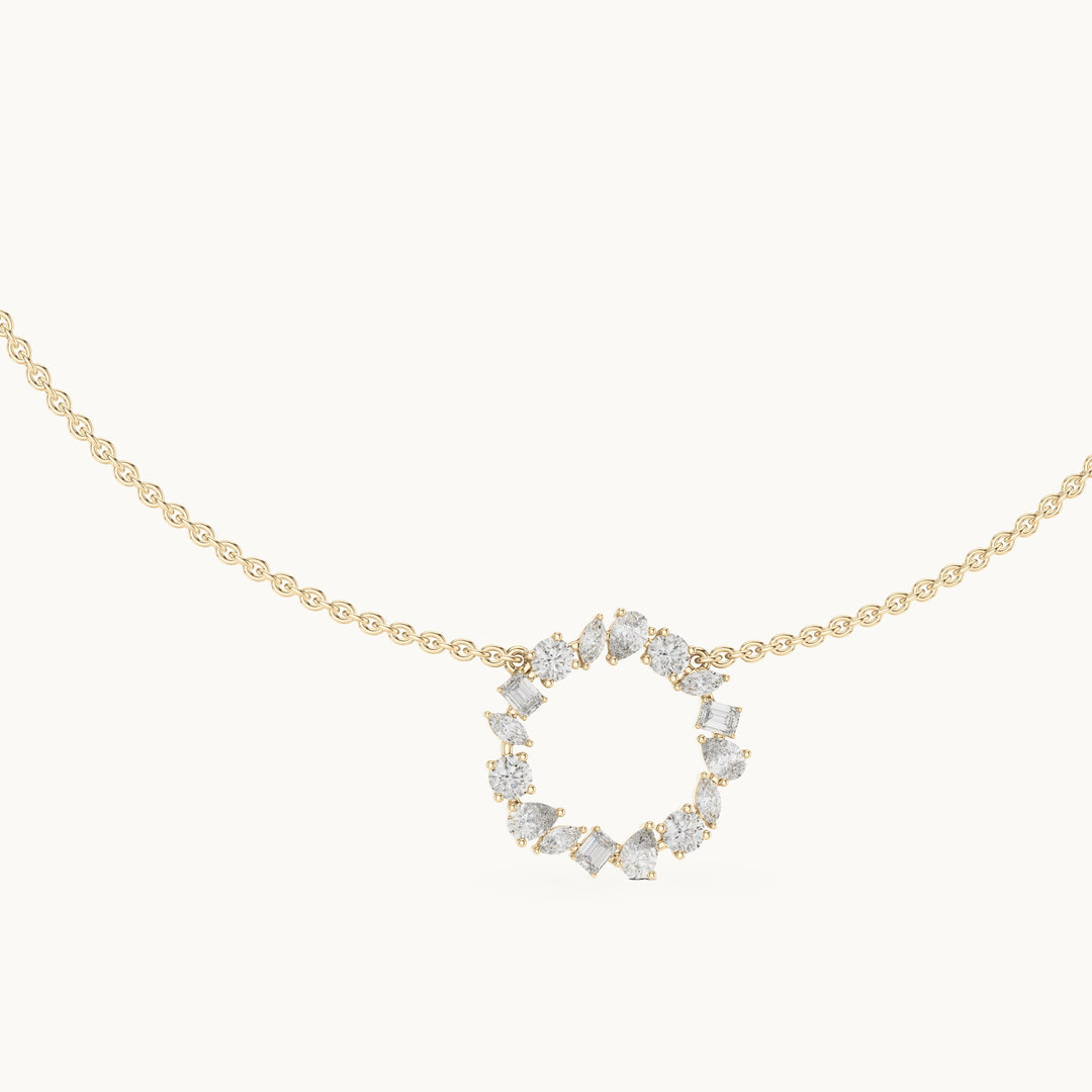 Round, pear and marquise lab-grown diamond mixed-cut open circle pendant in yellow gold, 1.70 CT TW, view 1