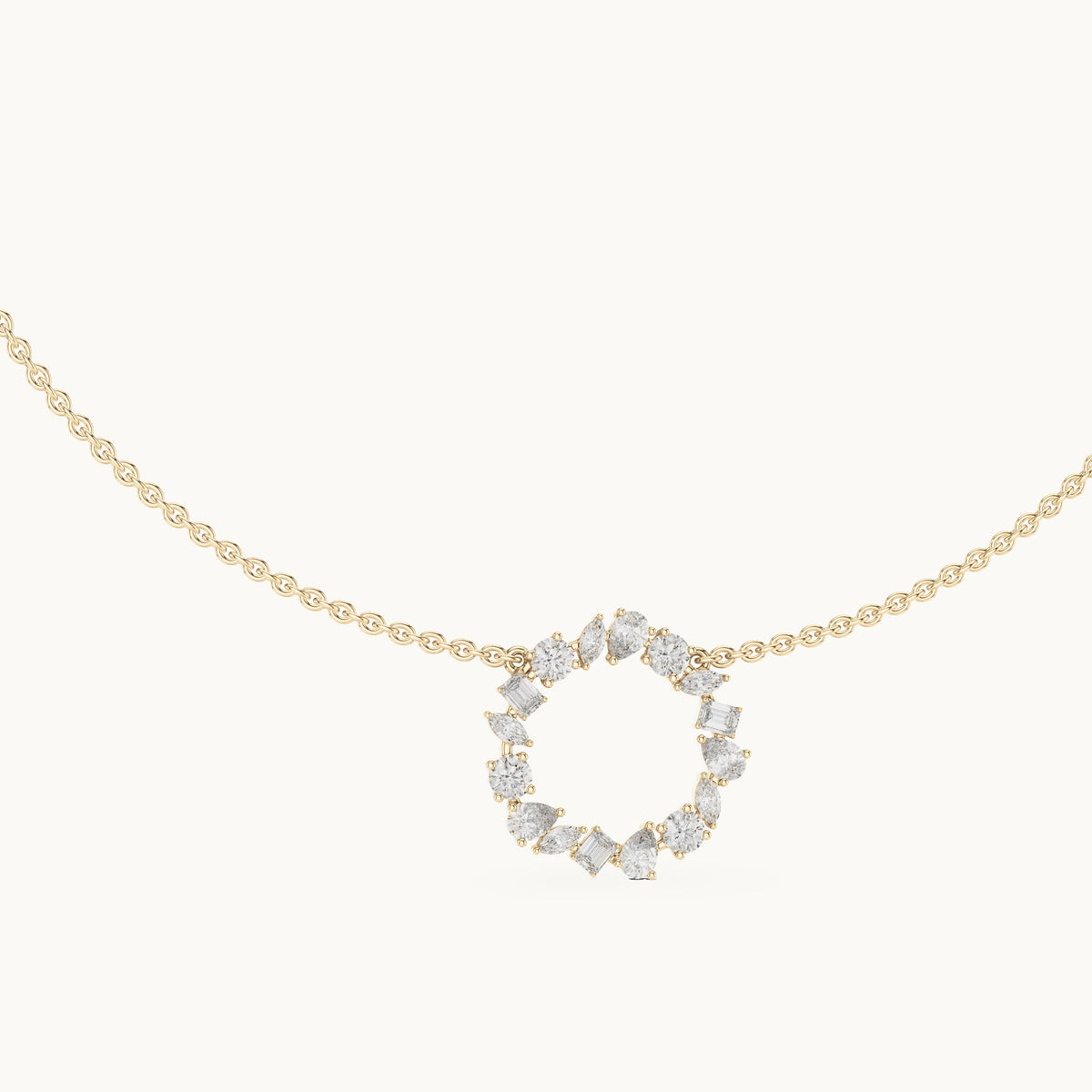 Round, pear and marquise lab-grown diamond mixed-cut open circle pendant in yellow gold, 1.70 CT TW, view 1
