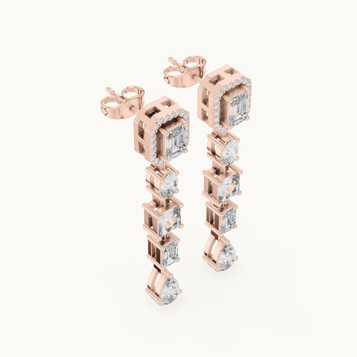 Emerald-cut, princess-cut and pear lab-grown diamond mixed-cut linear drop earrings in rose gold, 3.098 CT TW, view 2