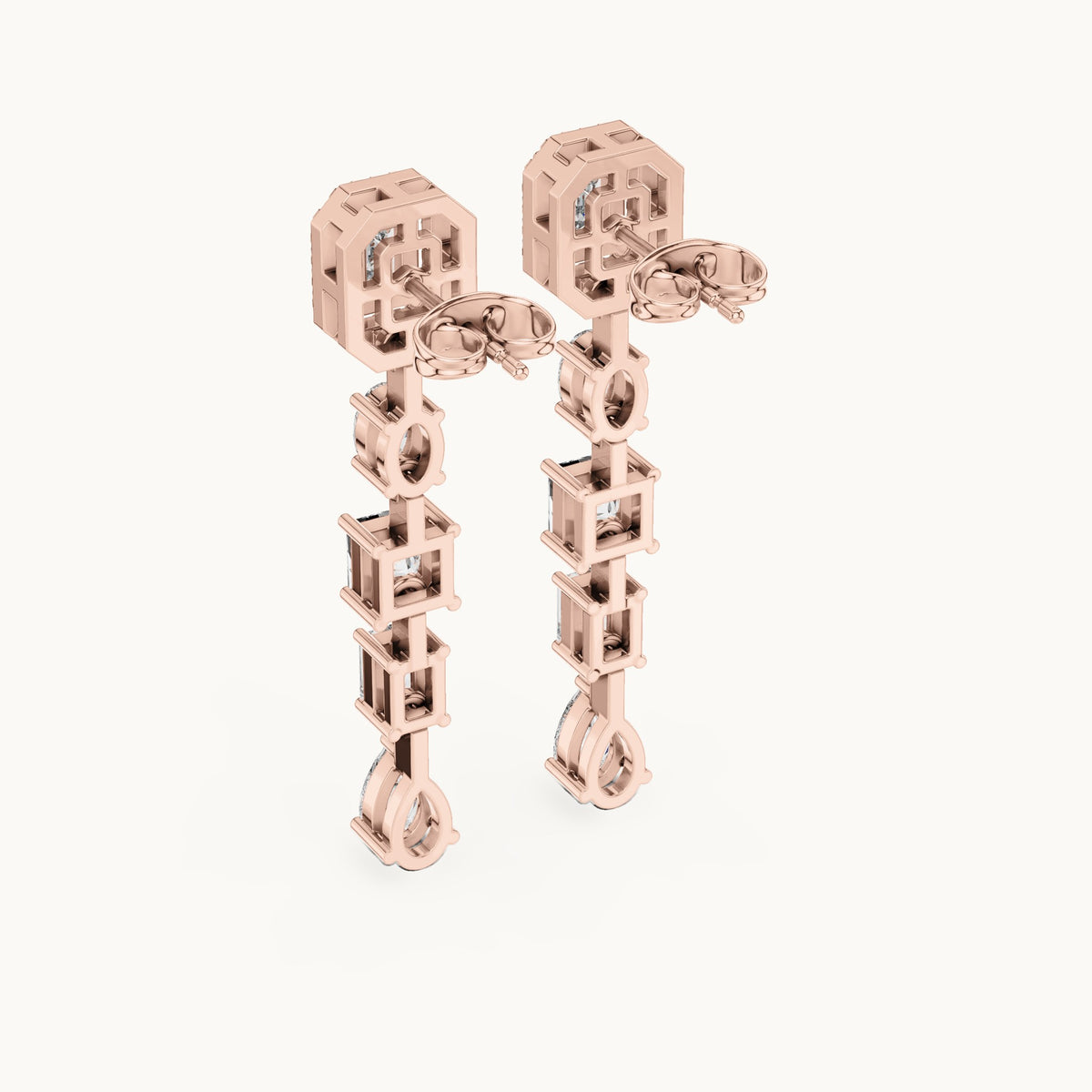 Emerald-cut, princess-cut and pear lab-grown diamond mixed-cut linear drop earrings in rose gold, 3.098 CT TW, view 3