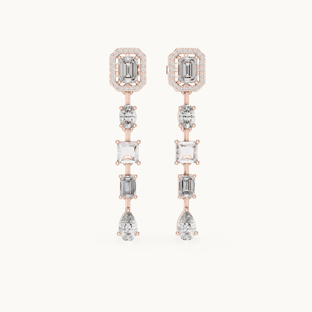 Emerald-cut, princess-cut and pear lab-grown diamond mixed-cut linear drop earrings in rose gold, 3.098 CT TW, view 4