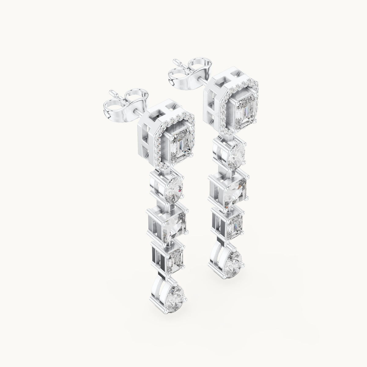 Emerald-cut, princess-cut and pear lab-grown diamond mixed-cut linear drop earrings in white gold, 3.098 CT TW, view 2