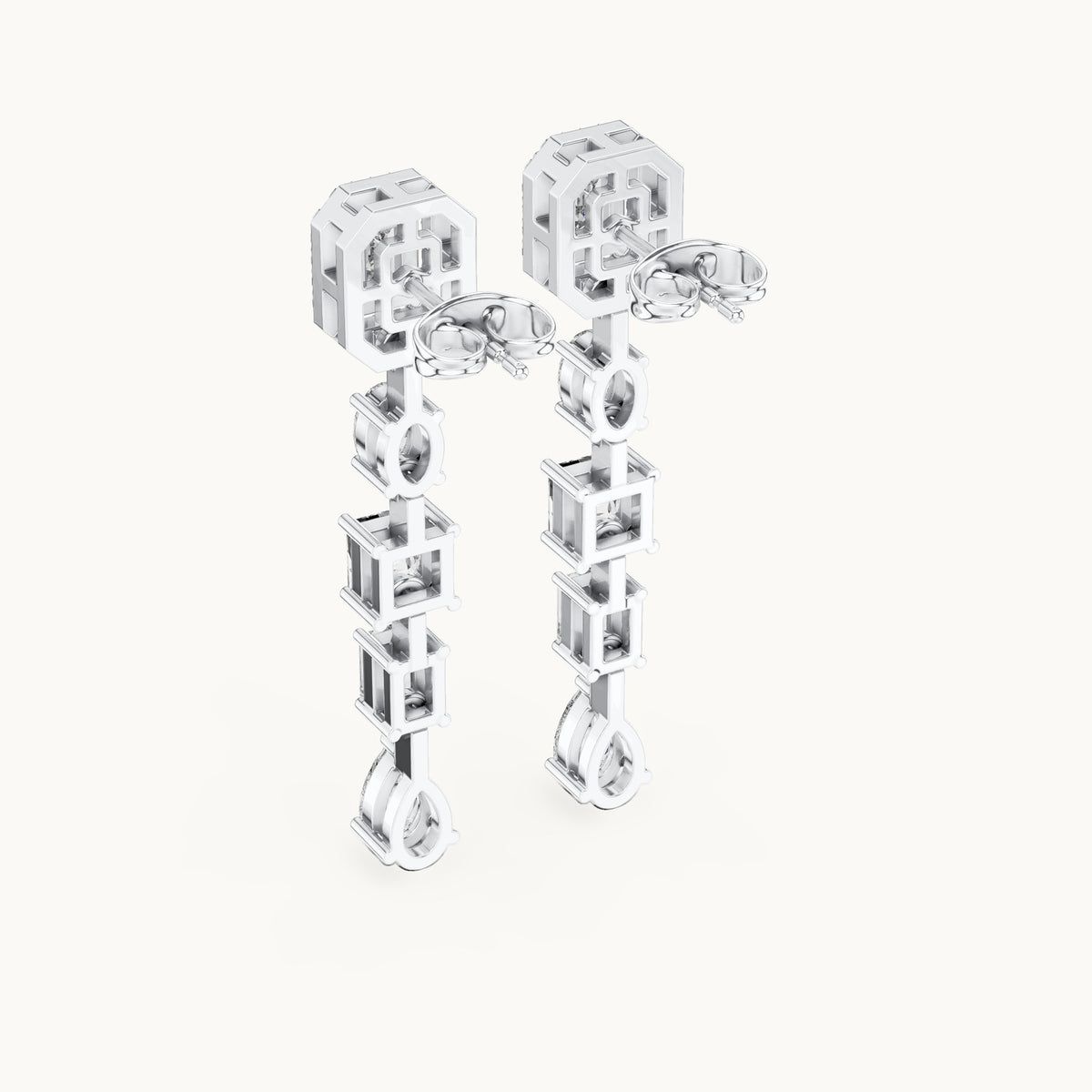 Emerald-cut, princess-cut and pear lab-grown diamond mixed-cut linear drop earrings in white gold, 3.098 CT TW, view 3