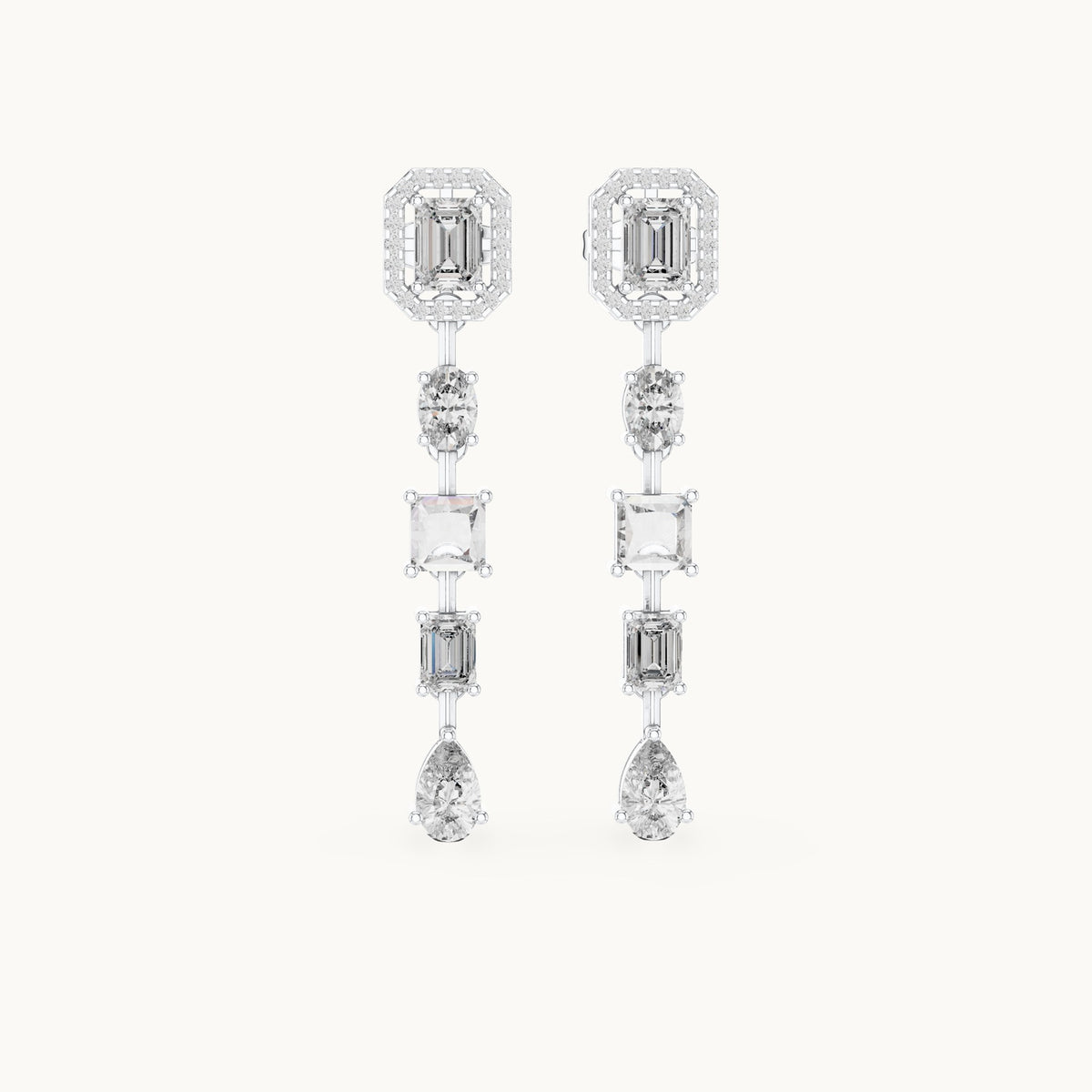 Emerald-cut, princess-cut and pear lab-grown diamond mixed-cut linear drop earrings in white gold, 3.098 CT TW, view 4