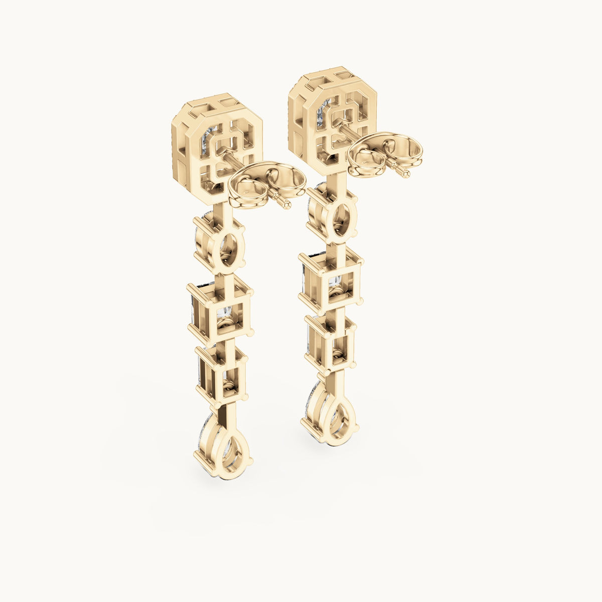 Emerald-cut, princess-cut and pear lab-grown diamond mixed-cut linear drop earrings in yellow gold, 3.098 CT TW, view 3
