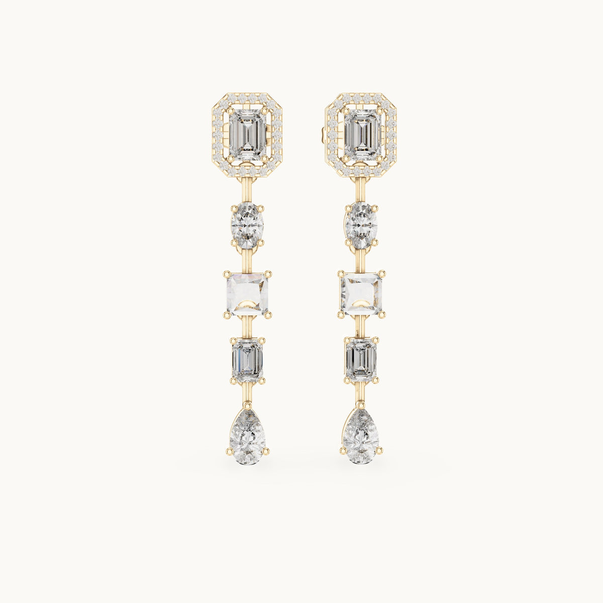 Emerald-cut, princess-cut and pear lab-grown diamond mixed-cut linear drop earrings in yellow gold, 3.098 CT TW, view 4