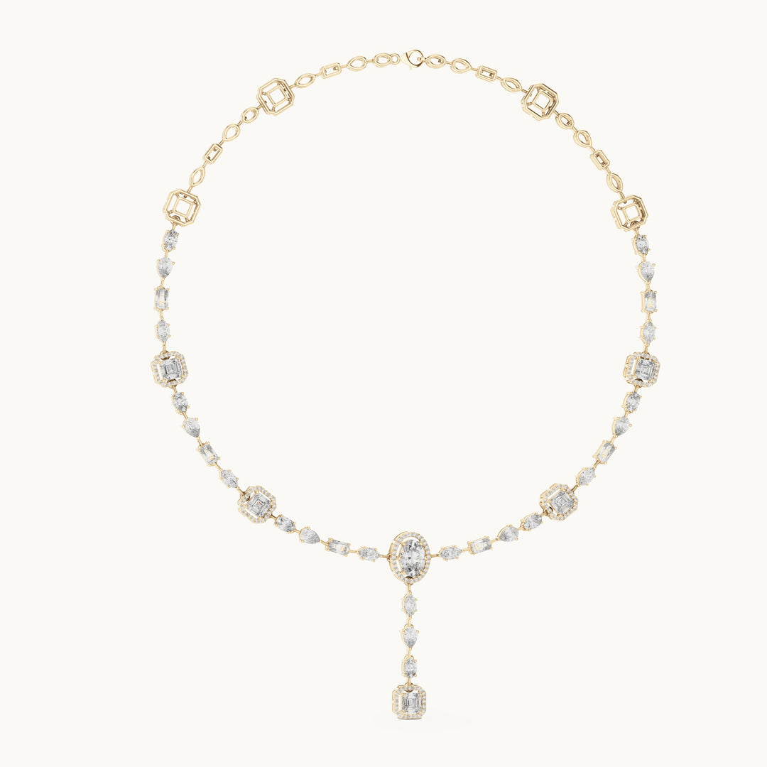 Square emerald-cut, oval and pear lab-grown diamond mixed-cut station y necklace in yellow gold, 12.06 CT TW, view 1