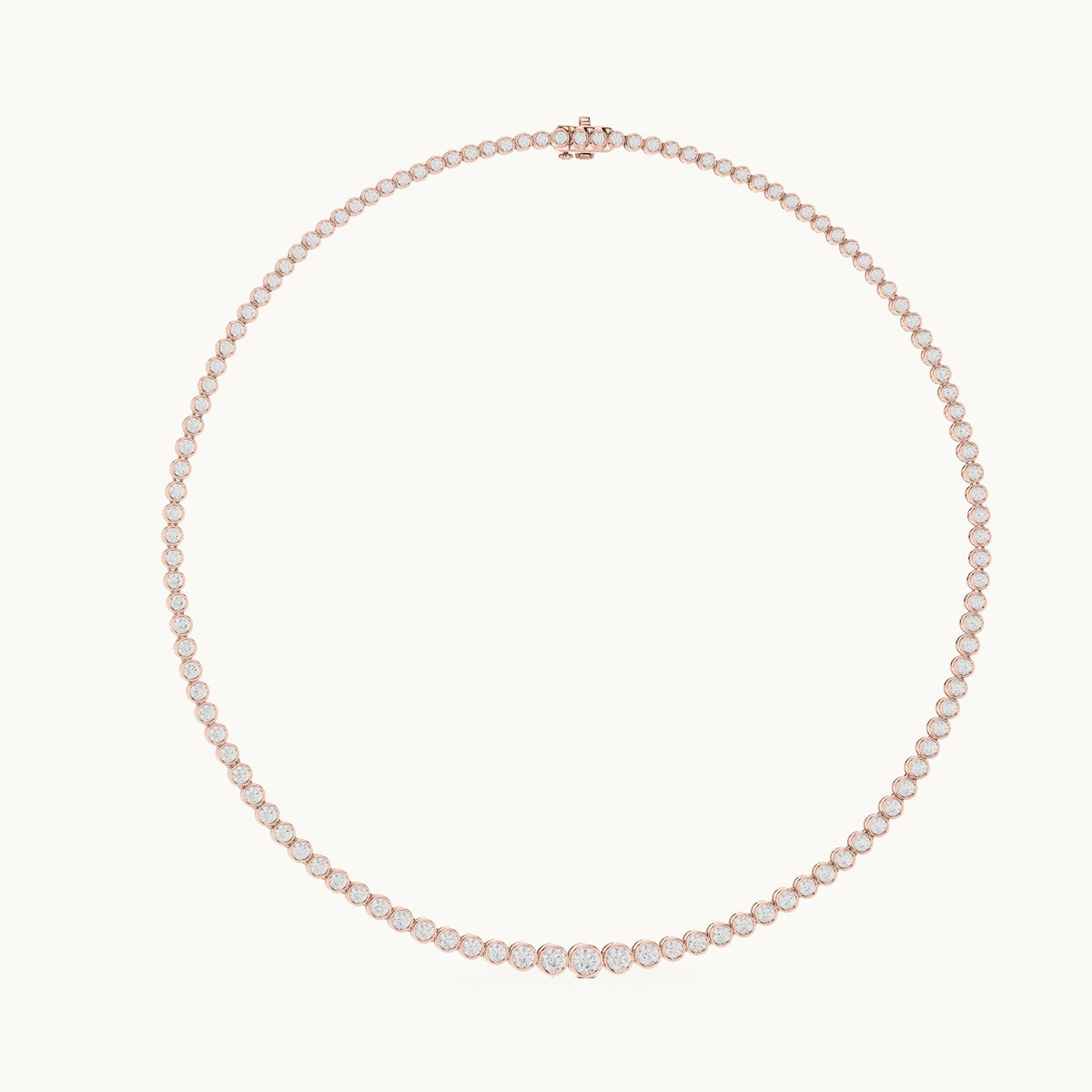 Round lab-grown diamond graduated bezel tennis necklace in rose gold, 11.006 CT TW, view 1