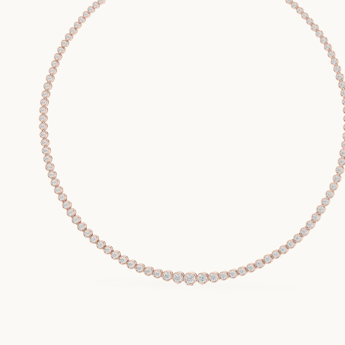 Round lab-grown diamond graduated bezel tennis necklace in rose gold, 11.006 CT TW, view 2