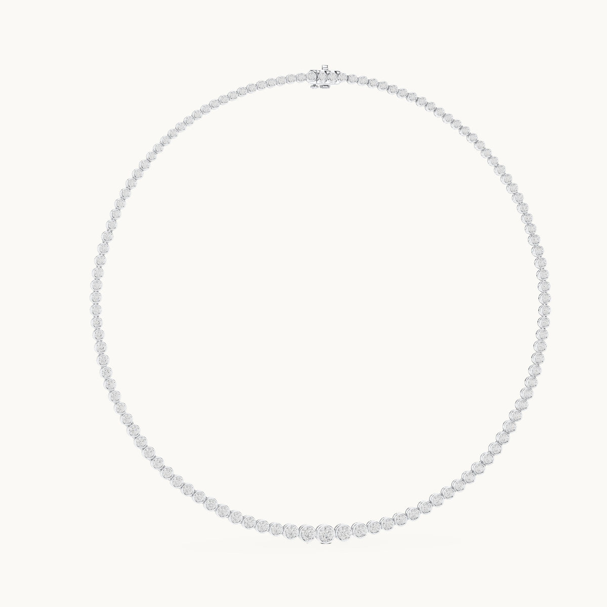 Round lab-grown diamond graduated bezel tennis necklace in white gold, 11.006 CT TW, view 1