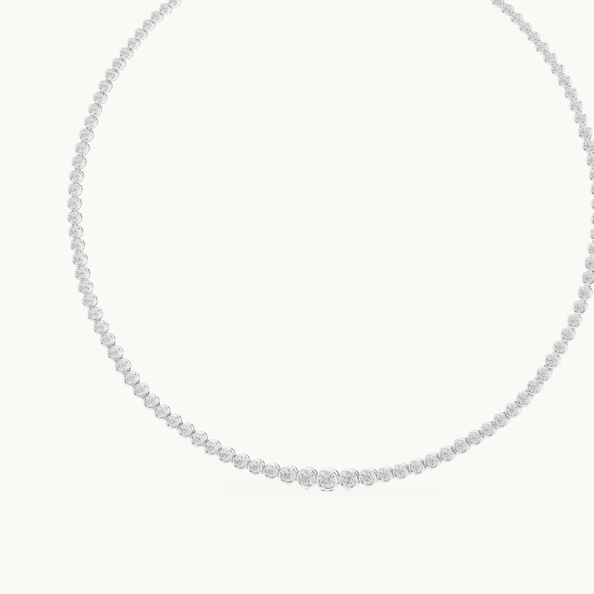 Round lab-grown diamond graduated bezel tennis necklace in white gold, 11.006 CT TW, view 2