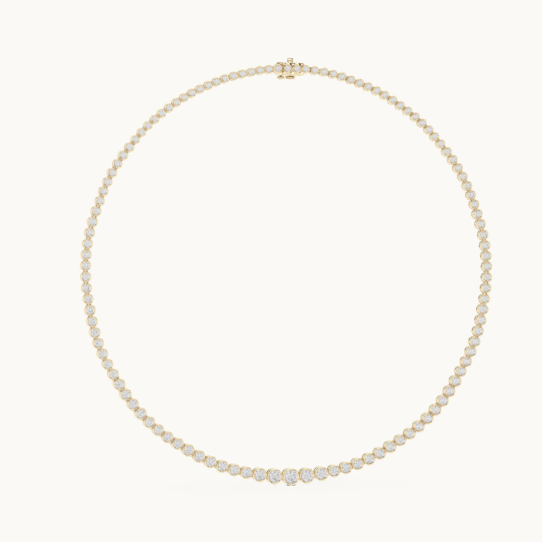 Round lab-grown diamond graduated bezel tennis necklace in yellow gold, 11.006 CT TW, view 1