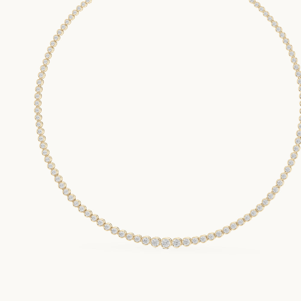 Round lab-grown diamond graduated bezel tennis necklace in yellow gold, 11.006 CT TW, view 2