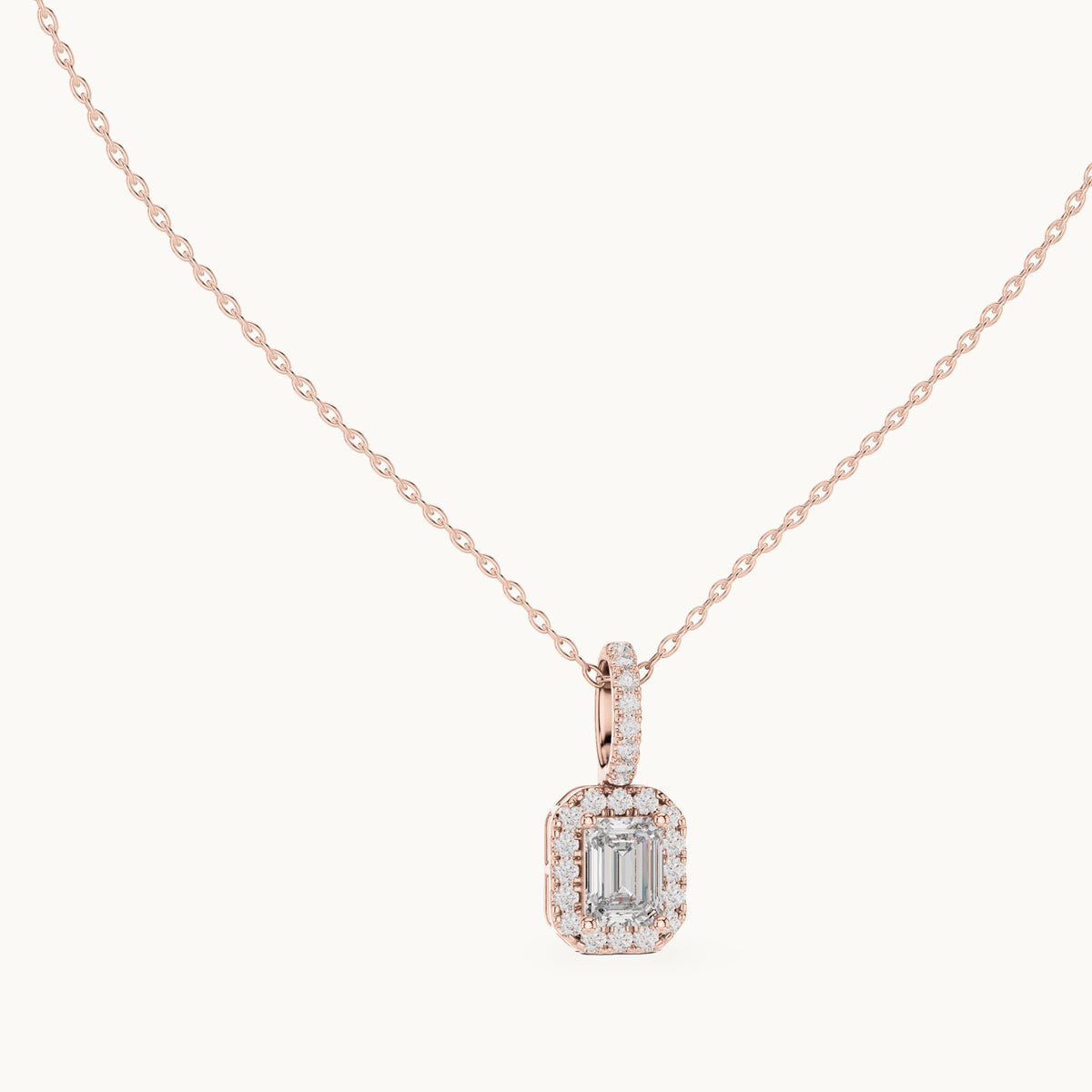 Emerald-cut and round lab-grown diamond halo pendant in rose gold, 1.94 CT TW, view 1