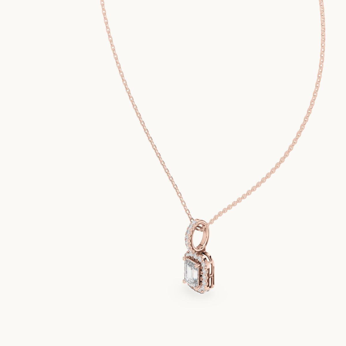 Emerald-cut and round lab-grown diamond halo pendant in rose gold, 1.94 CT TW, view 2