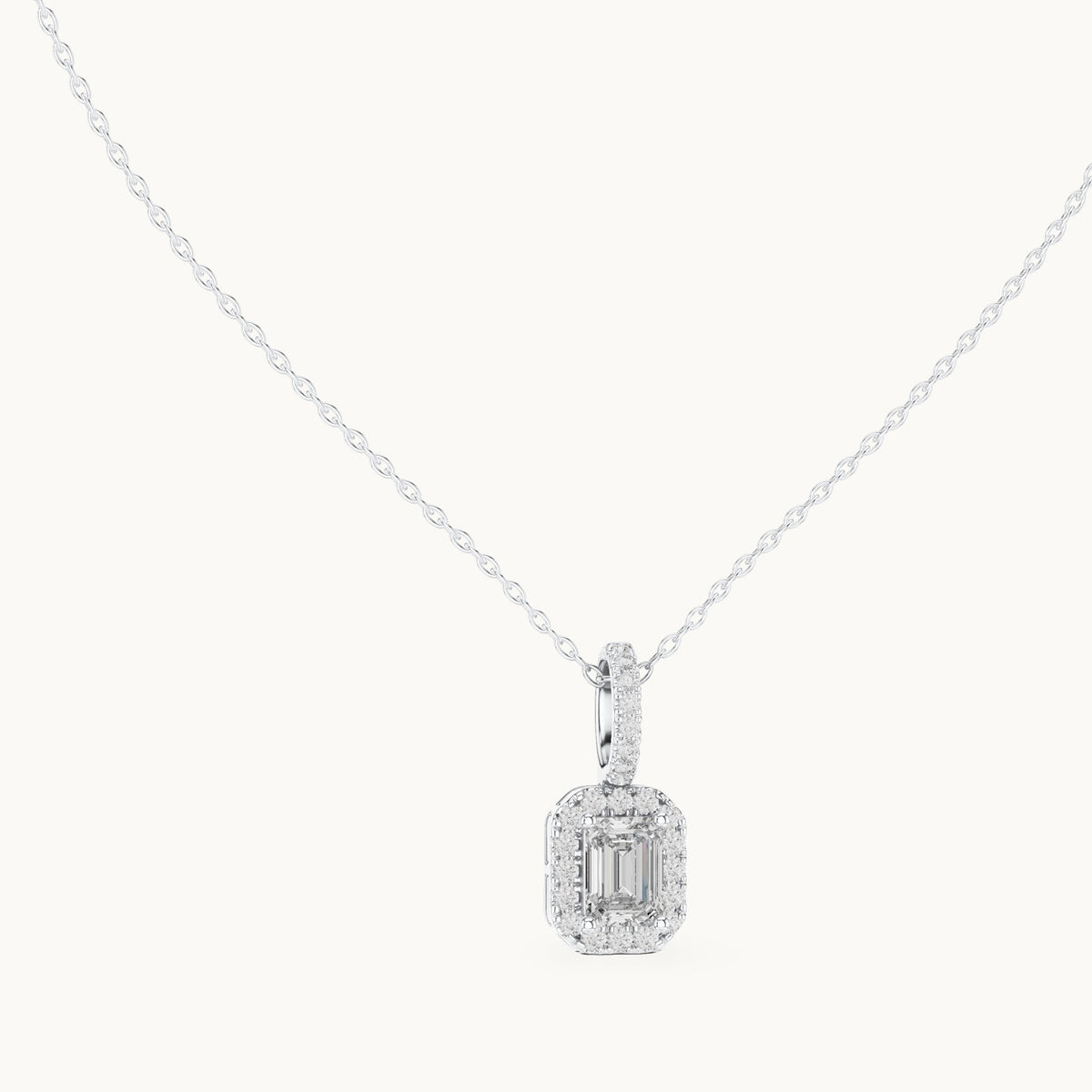 Emerald-cut and round lab-grown diamond halo pendant in white gold, 1.94 CT TW, view 1