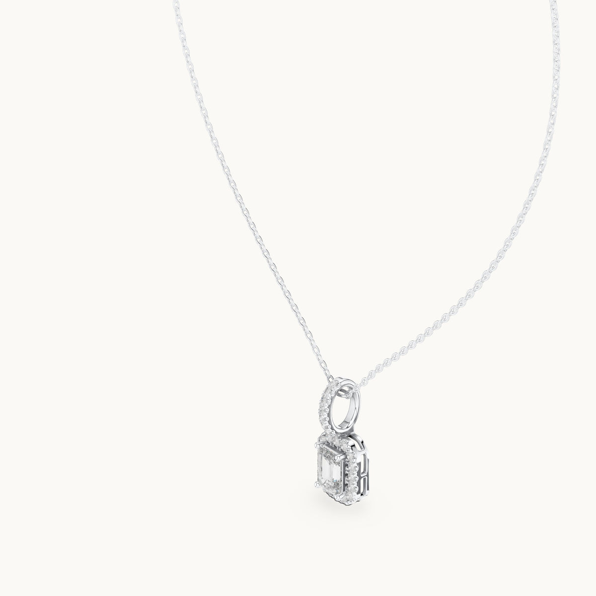 Emerald-cut and round lab-grown diamond halo pendant in white gold, 1.94 CT TW, view 2
