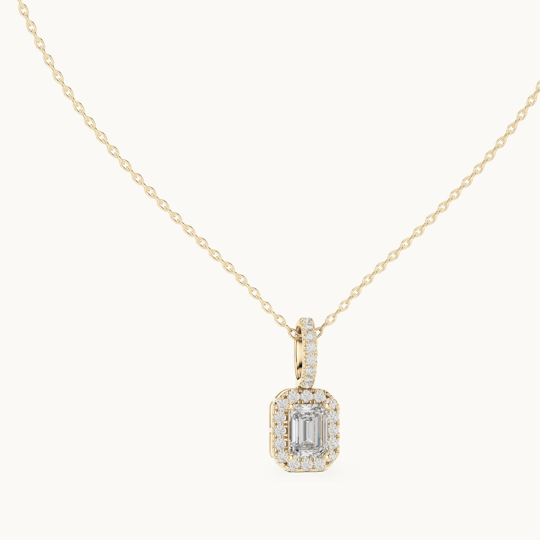 Emerald-cut and round lab-grown diamond halo pendant in yellow gold, 1.94 CT TW, view 1