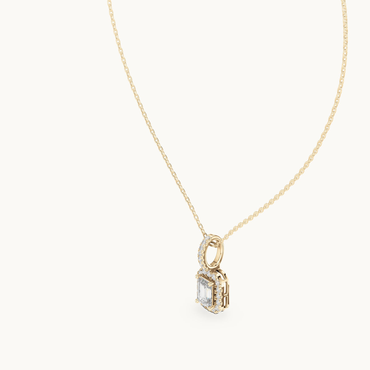 Emerald-cut and round lab-grown diamond halo pendant in yellow gold, 1.94 CT TW, view 2