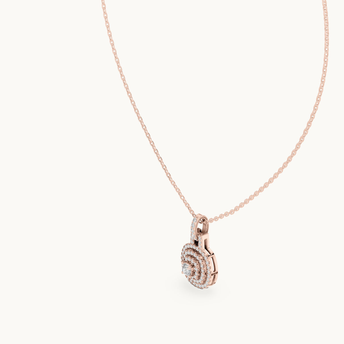 Round and cushion-cut lab-grown diamond double halo medallion pendant in rose gold, 0.80 CT TW, view 2