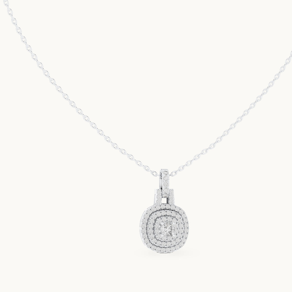 Round and cushion-cut lab-grown diamond double halo medallion pendant in white gold, 0.80 CT TW, view 1