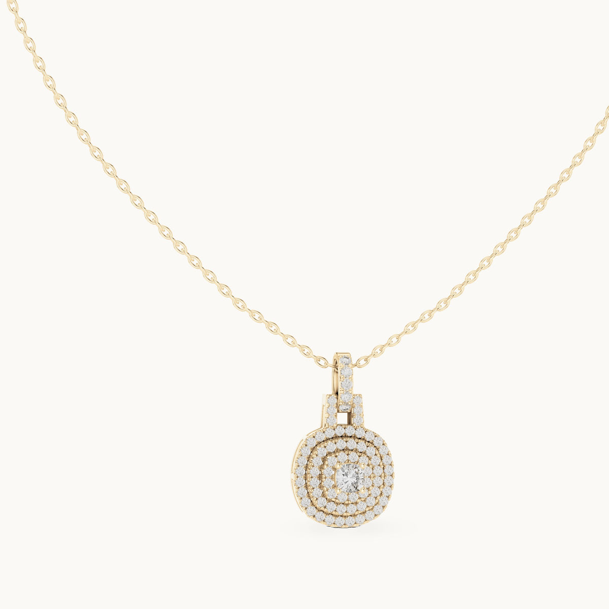 Round and cushion-cut lab-grown diamond double halo medallion pendant in yellow gold, 0.80 CT TW, view 1