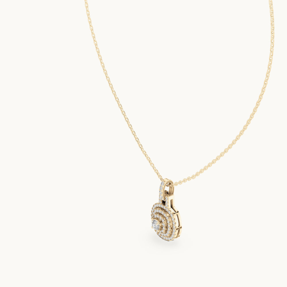 Round and cushion-cut lab-grown diamond double halo medallion pendant in yellow gold, 0.80 CT TW, view 2