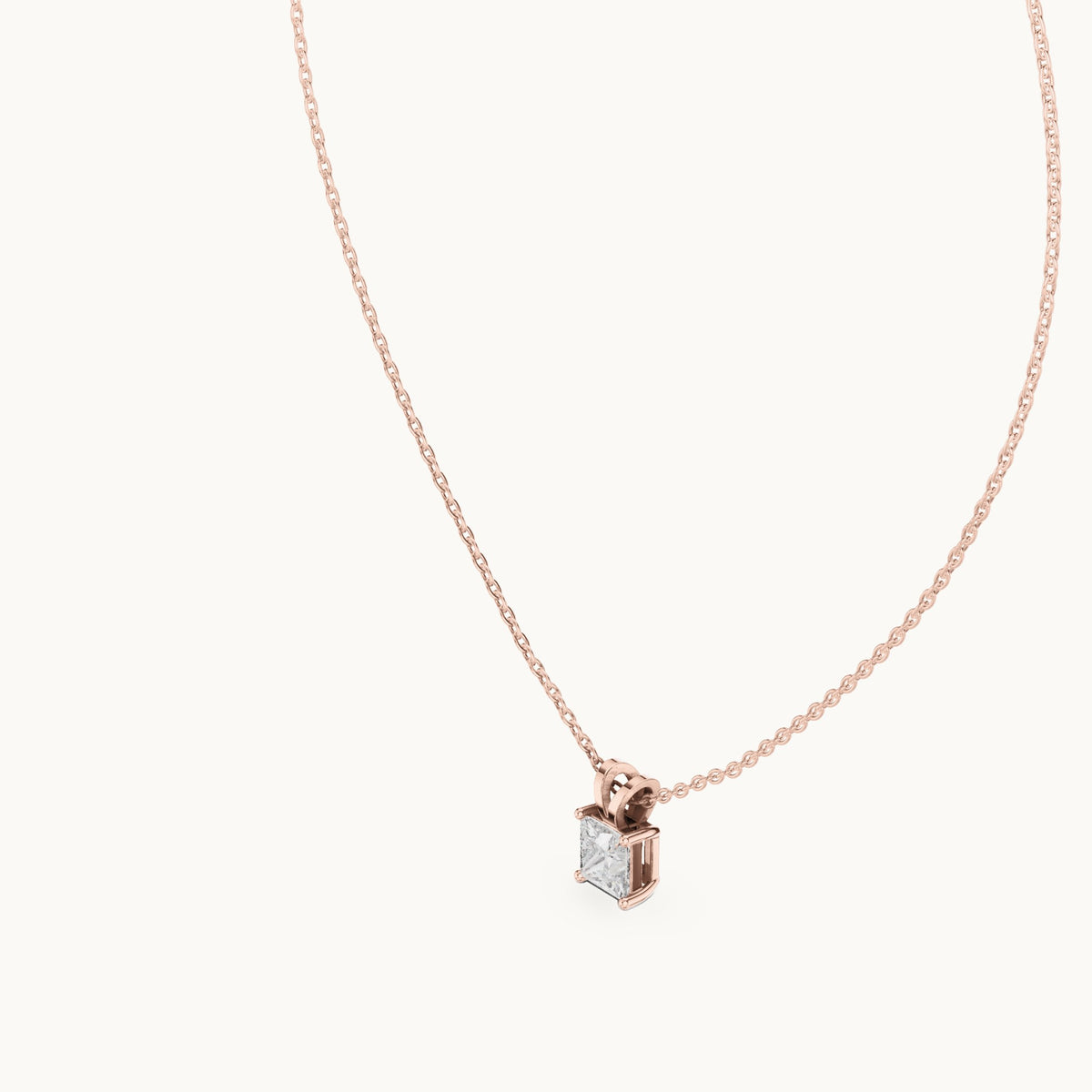 Princess-cut lab-grown diamond v-bail solitaire pendant in rose gold, 1.04 CT TW, view 2