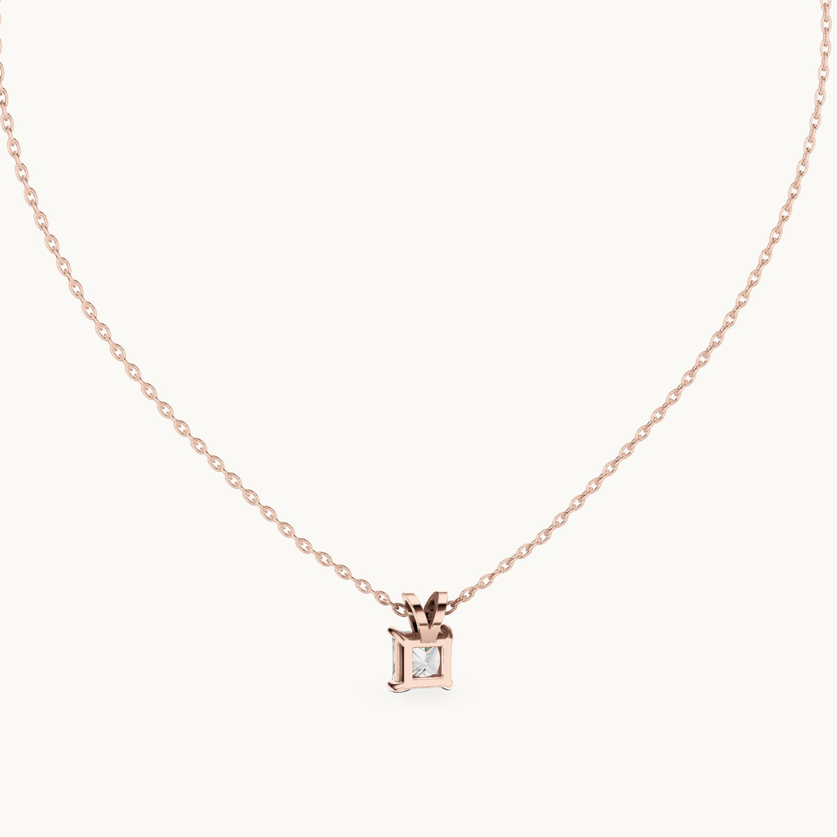 Princess-cut lab-grown diamond v-bail solitaire pendant in rose gold, 1.04 CT TW, view 4